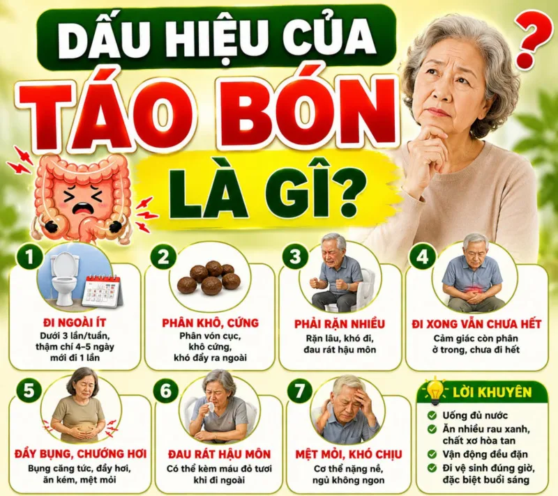 Táo bón có thể biểu hiện bằng phân khô cứng, phải rặn nhiều, đi ngoài ít hoặc luôn cảm thấy chưa đại tiện hết.
