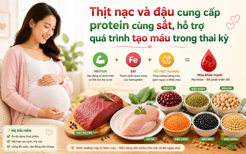 Thịt nạc và đậu cung cấp protein cùng sắt, hỗ trợ quá trình tạo máu trong thai kỳ