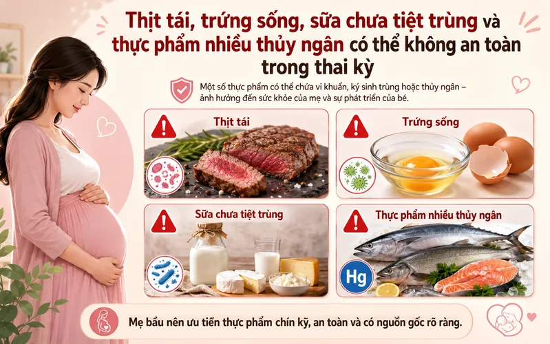 Thịt tái, trứng sống, sữa chưa tiệt trùng và thực phẩm nhiều thủy ngân có thể không an toàn trong thai kỳ